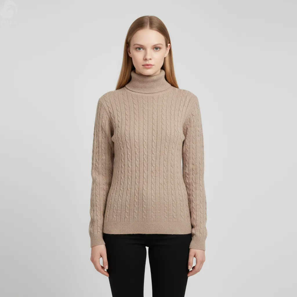 Women's Camel Turtleneck Cable-Knit Sweater (Slim Fit, Intricate Texture)