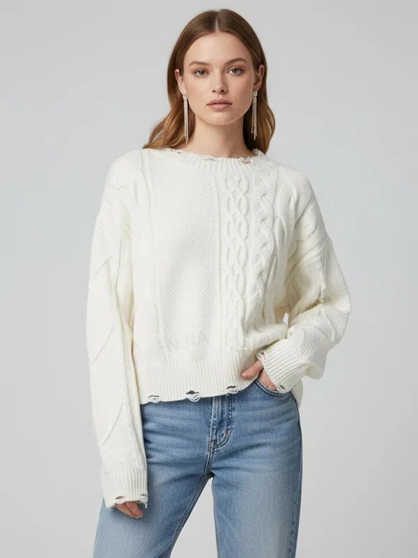 Women's Ivory Cable-Knit Sweater (Oversized Fit, Distressed Fringe Hem)