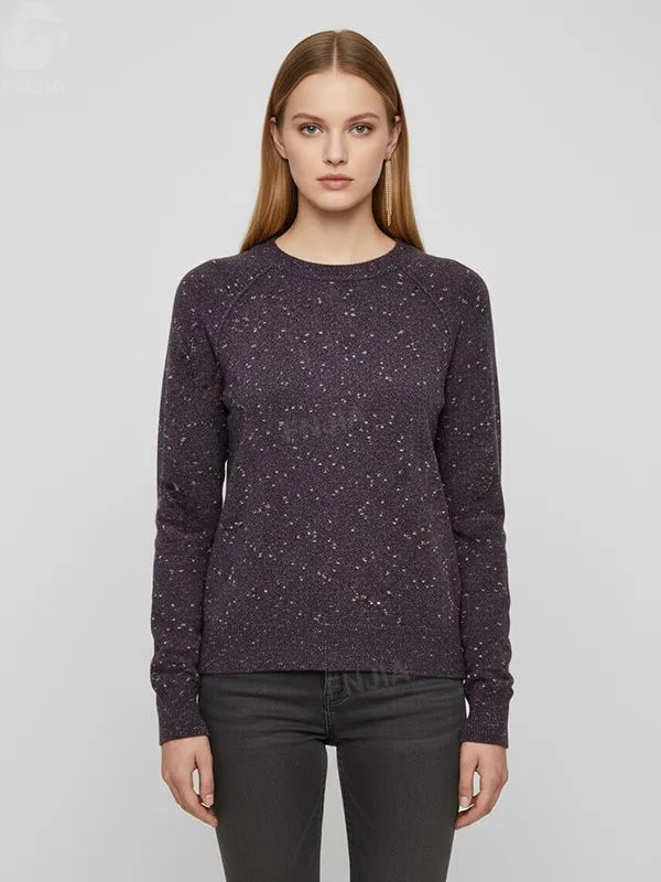 Women's Plum Speckled Knit Sweater (Crew Neck, Raglan Sleeve Relaxed Fit)
