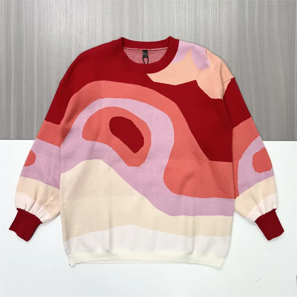 Women's Multi-Color Abstract Pattern Knit Sweater (Red & Pastel Tones)