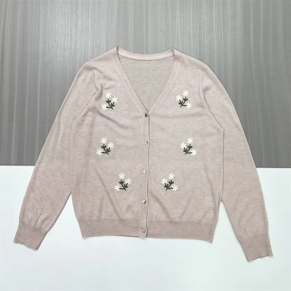 Women's Blush Pink Knit Cardigan with White Floral Embroidery
