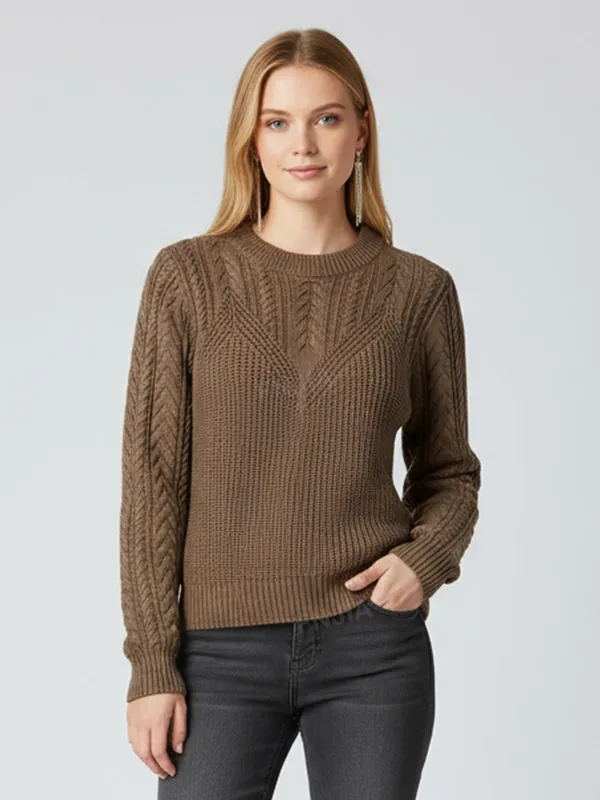Women's Brown Cable-Knit Crew Neck Sweater (Textured Pattern Design)