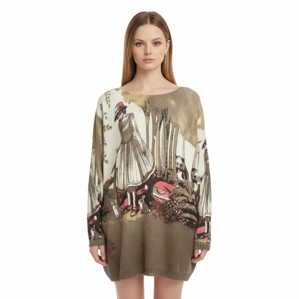 Women's Artistic Illustration Print Knit Tunic (Fantasy Scene Design)