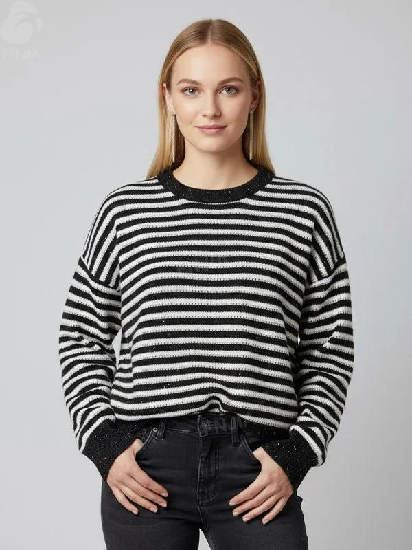 Women's Black & White Striped Knit Sweater (Glittery Detail, Cropped Fit)