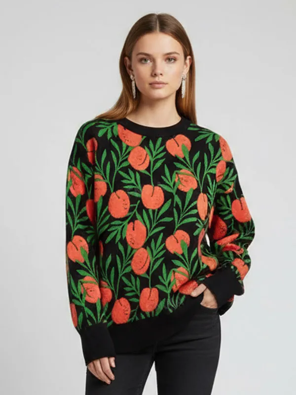 Women's Black Floral Pattern Knit Sweater (Coral & Green Botanical Design)
