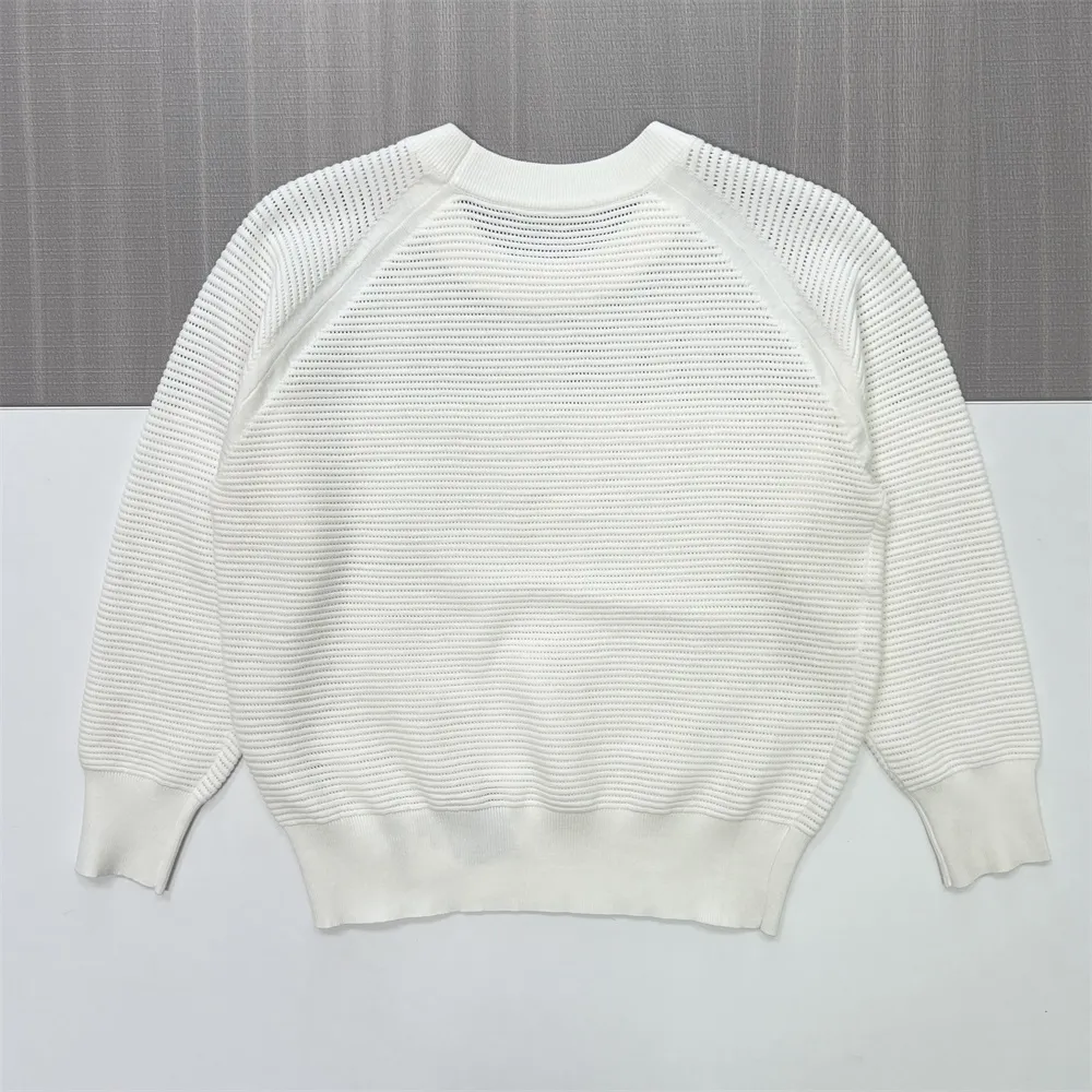 Women's White Openwork Knit Crew Neck Sweater (Textured Mesh Pattern)