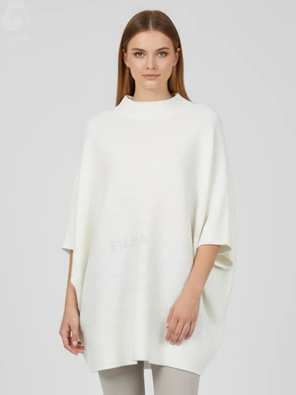 Women's White Rib-Knit Poncho Sweater (Mock Neck, Oversized Batwing Fit)