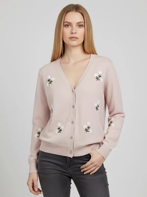 Women's Blush Pink Knit Cardigan with White Floral Embroidery