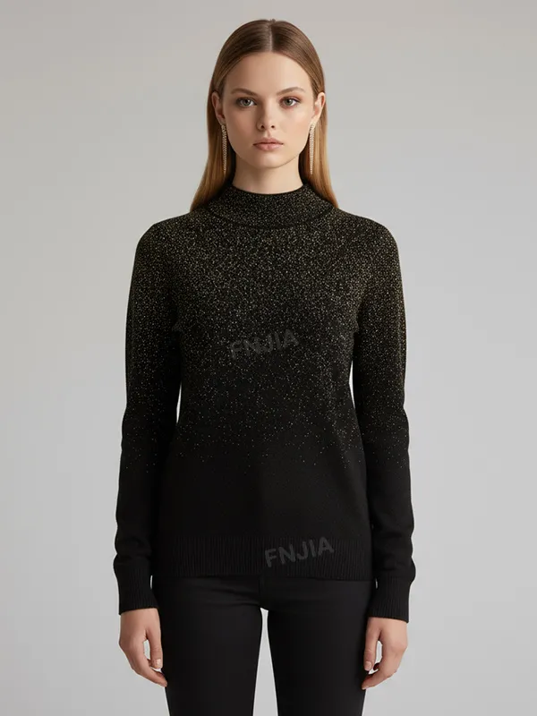 Women's Black & Gold Ombre Glitter Knit Sweater (Mock Neck, Slim-Fit Long Sleeve)