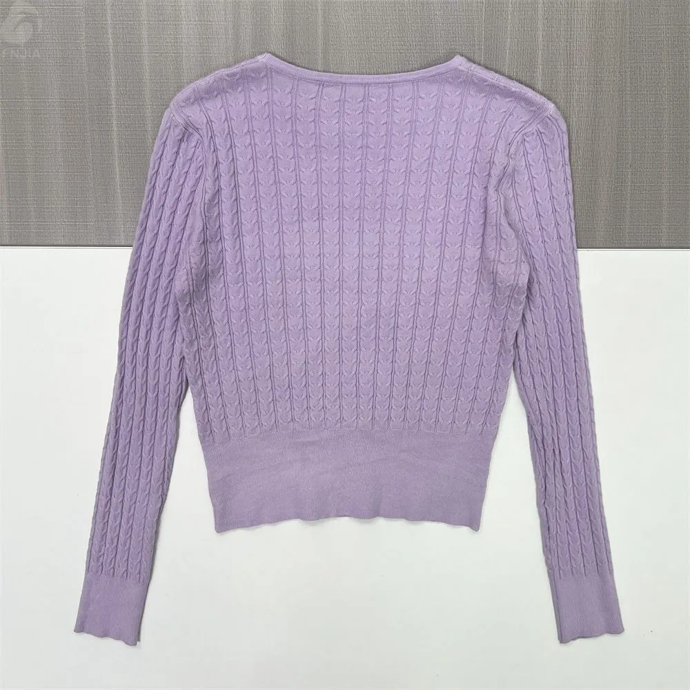 Women's Lavender Cable-Knit Sweater (Puff Sleeves, Cropped Fit)