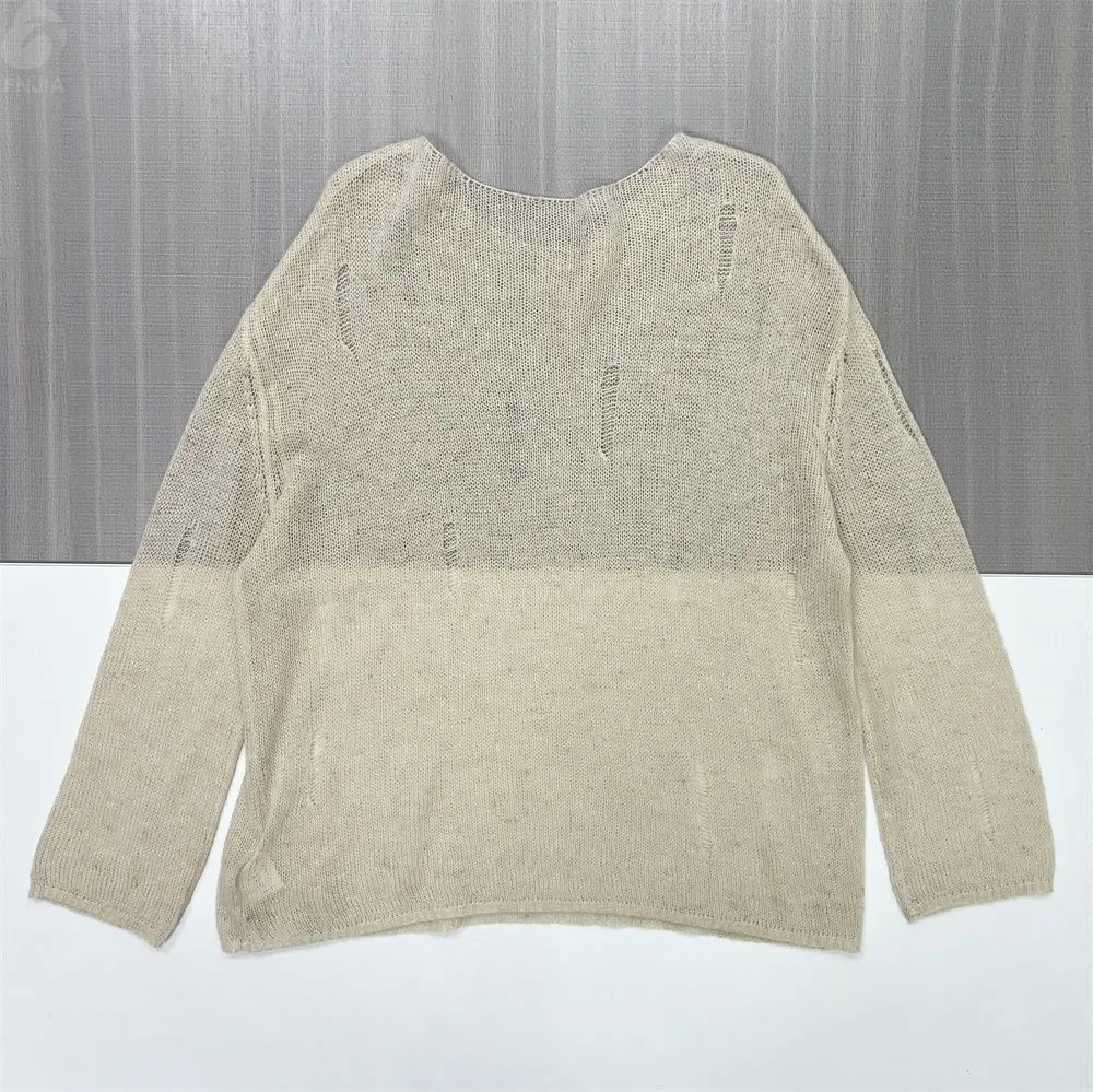 Women's Beige Distressed Openwork Knit Sweater (Boat Neck, Oversized Fit)