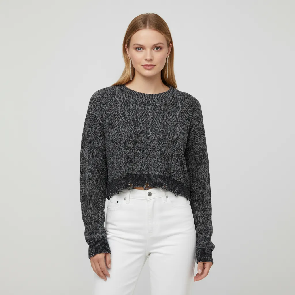 Women's Charcoal Cable-Knit Cropped Sweater with Drawstring Hem Detail