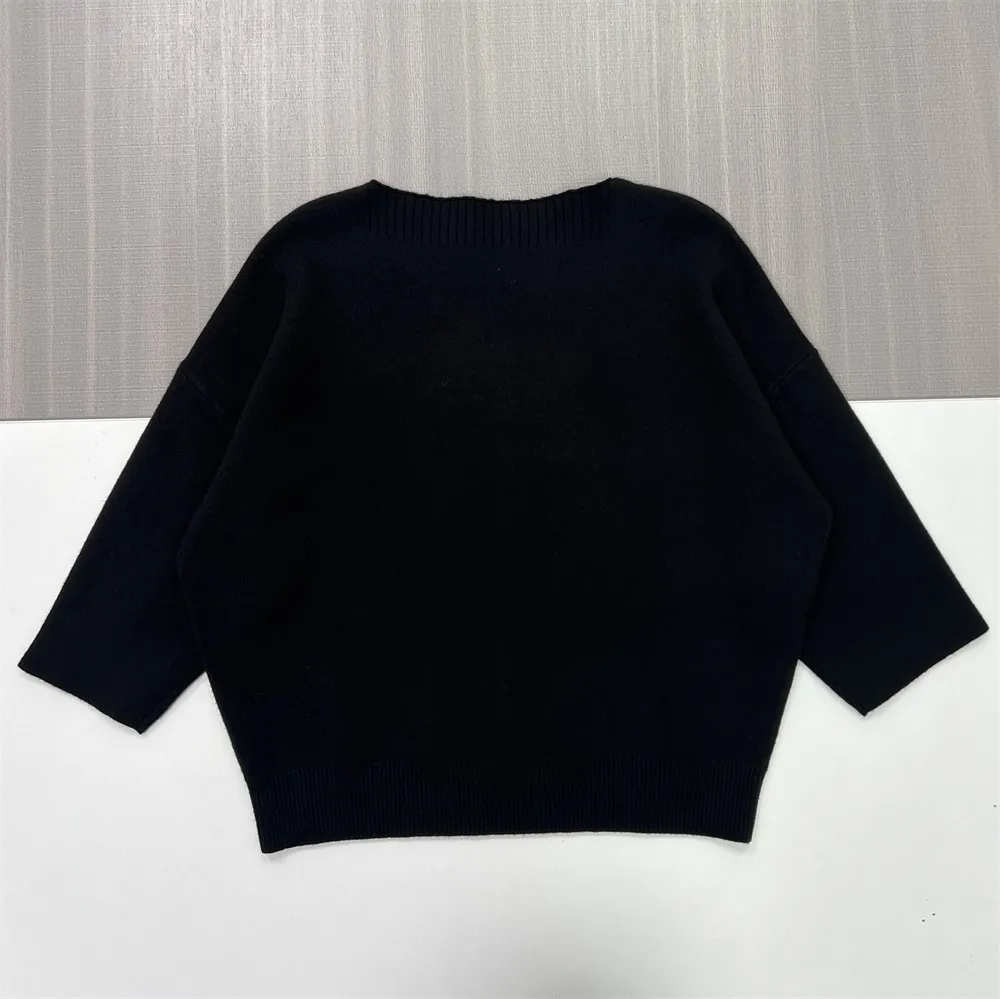 Women's Black Boat Neck Knit Sweater (Oversized Fit, 3/4 Sleeve Design)