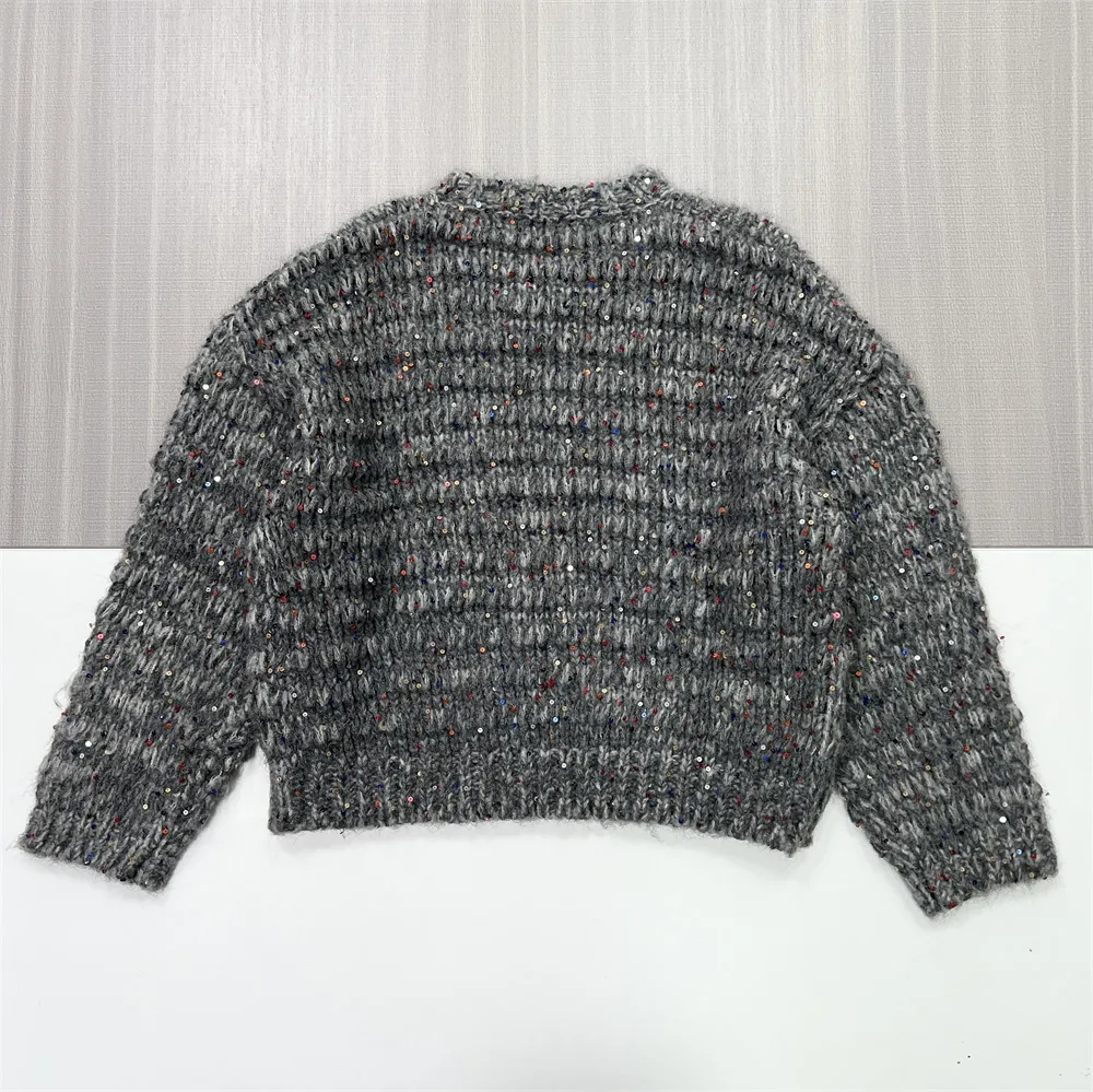 Women's Speckled Grey Knit Sweater (Oversized Fit, Textured Fabric & Crew Neck)