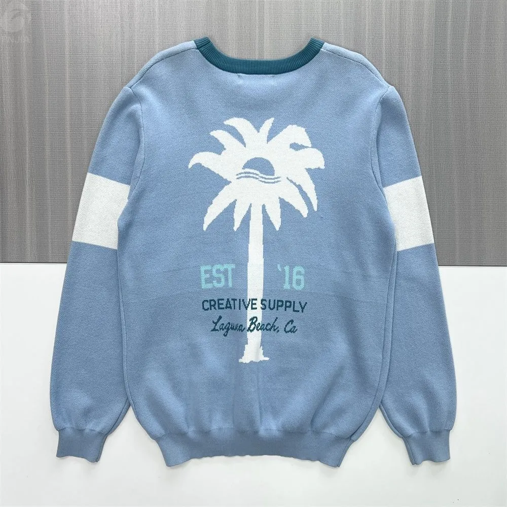 Women's Light Blue Varsity Graphic Knit Sweater (Crew Neck, Contrast Striped Sleeve)
