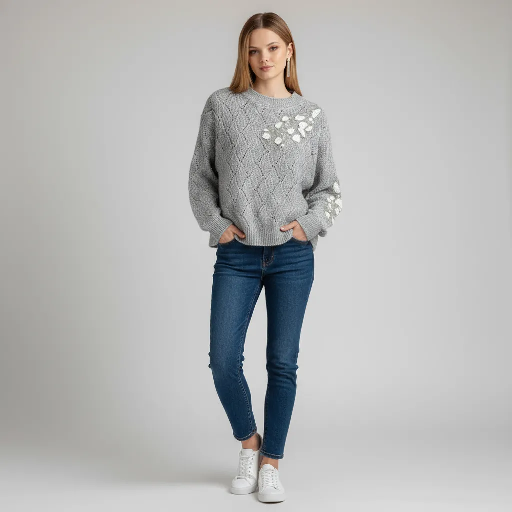 Women's Grey Openwork Knit Sweater with Embellished Floral Detail