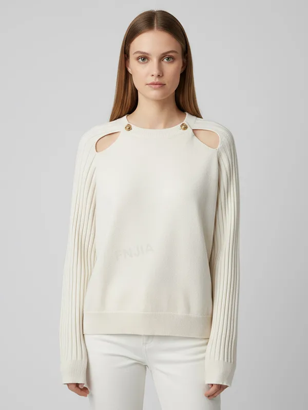 Women's Ivory Knit Sweater (Crew Neck, Shoulder Cut-Outs with Metal Accents)