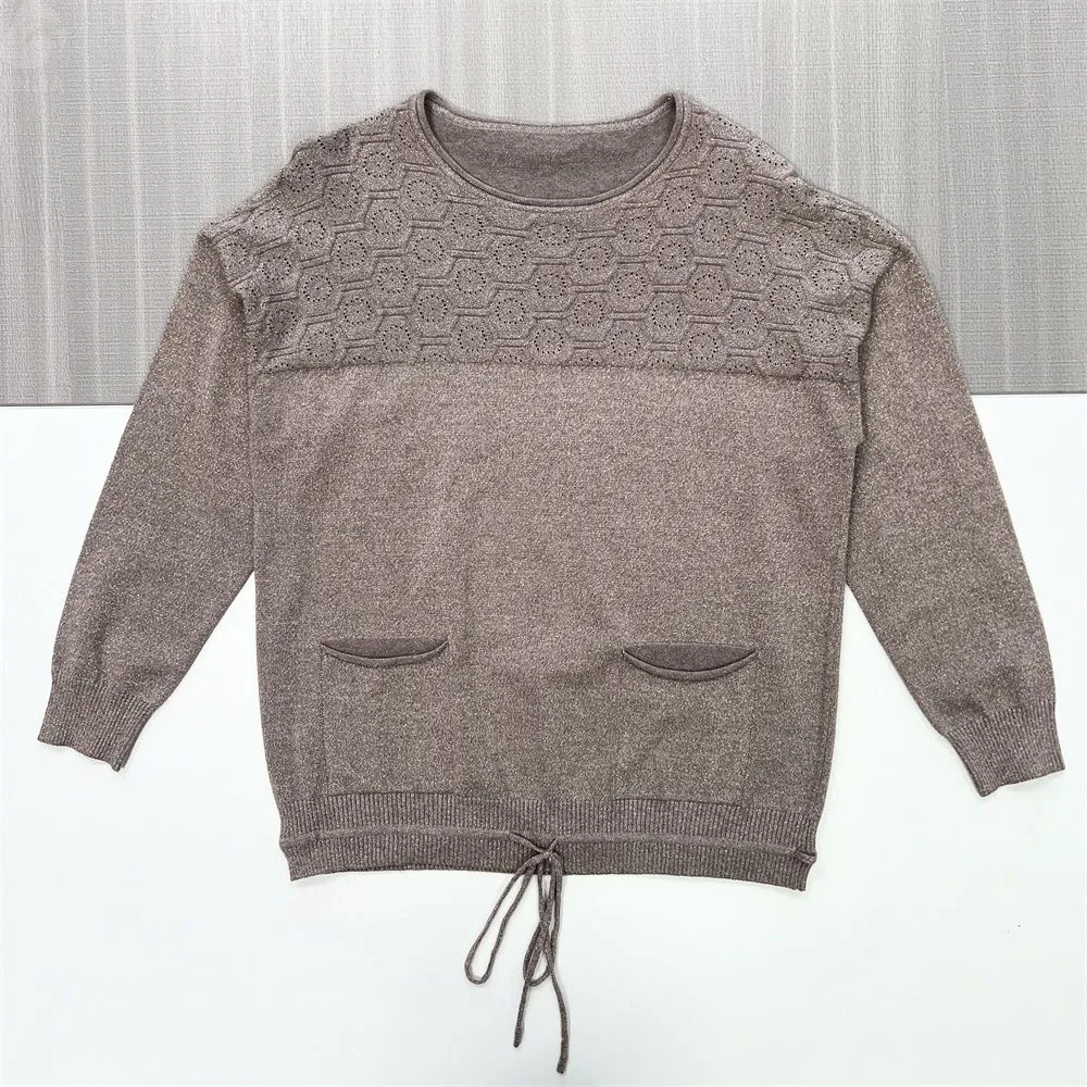 Women's Taupe Openwork Knit Sweater (Crew Neck, Drawstring Waist & Patch Pockets)