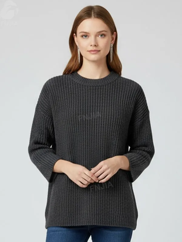 Women's Charcoal Rib-Knit Sweater (Crew Neck, Oversized 3/4 Sleeve Design)