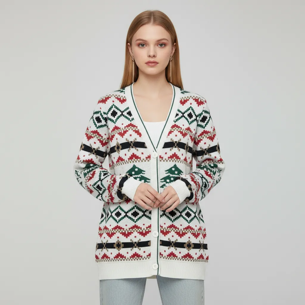 Women's Christmas Fair Isle Knit Cardigan with Tree Pattern (Red & Green)