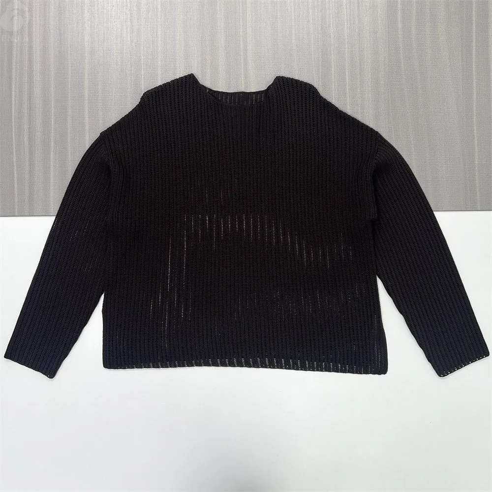 Women's Black Openwork Rib-Knit Sweater (Boat Neck, Oversized Fit)