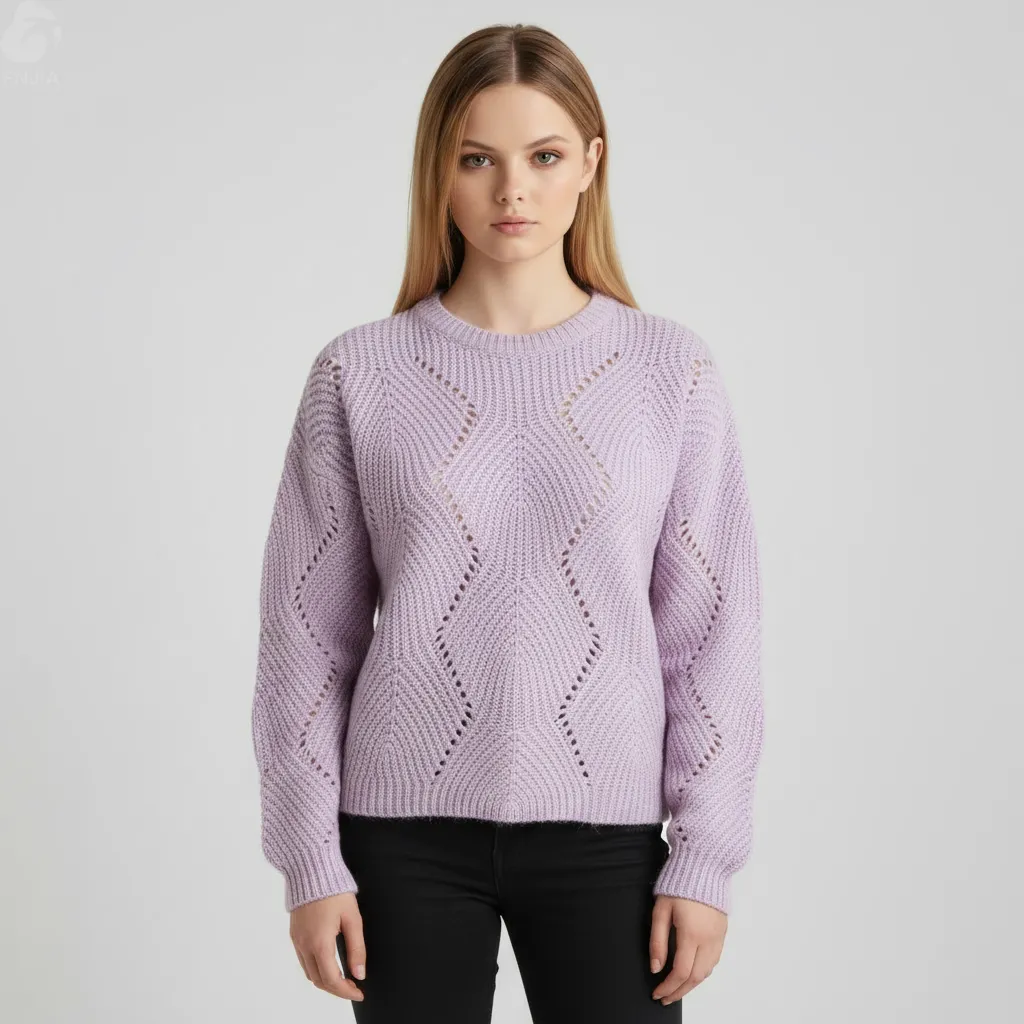 Women's Lavender Openwork Knit Sweater (Crew Neck, Cropped Oversized Fit)