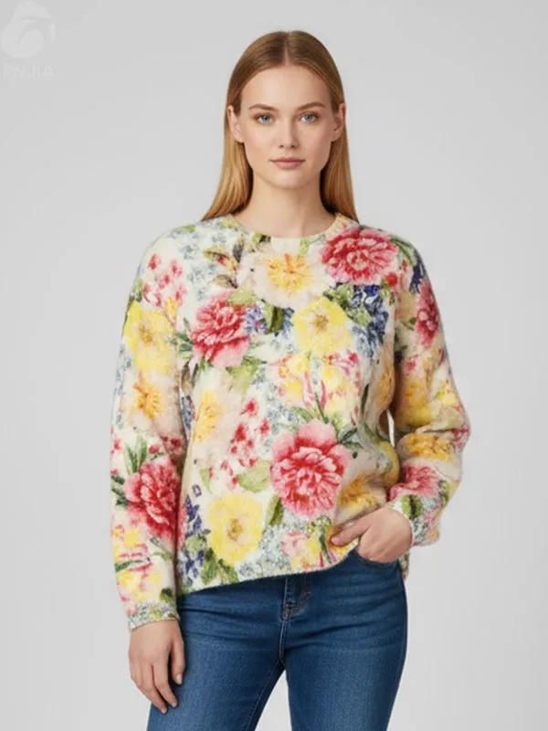 Women's Floral Print Fleece-Knit Long-Sleeve Top (Vibrant Peony Pattern)