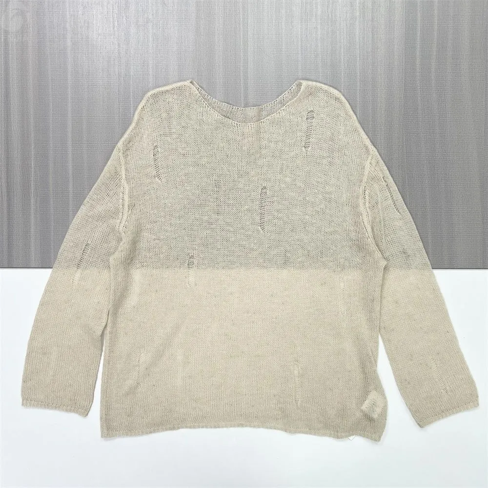 Women's Beige Distressed Openwork Knit Sweater (Boat Neck, Oversized Fit)