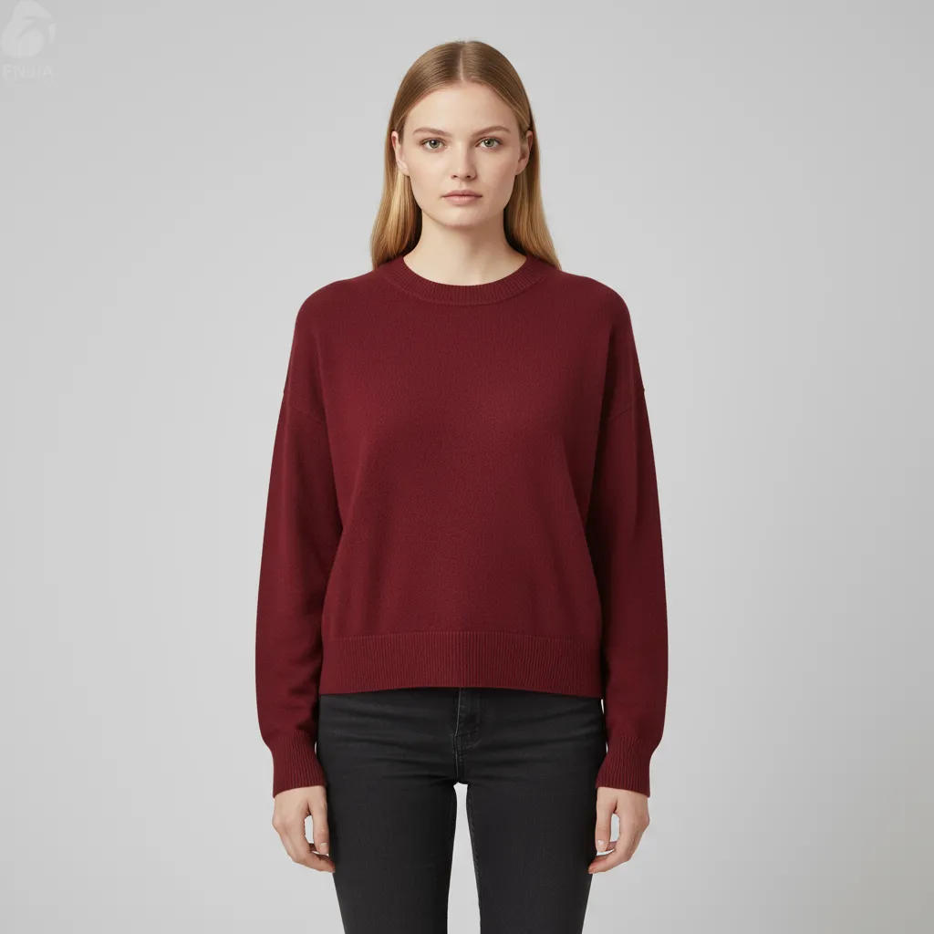 Women's Burgundy Cropped Knit Sweater (Crew Neck, Minimalist Design)