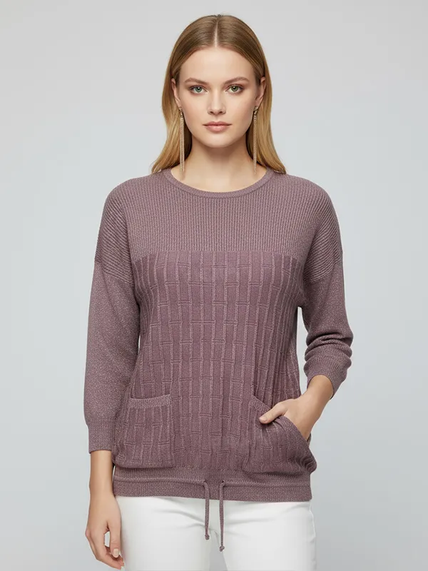 Women's Mauve Textured Knit Sweater (Crew Neck, Patch Pockets & Drawstring Hem)