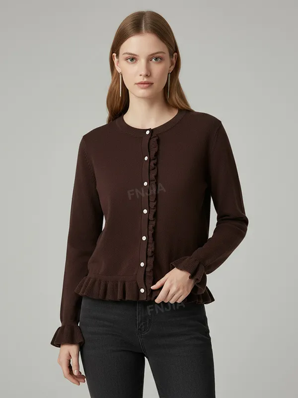 Women's Burgundy Ruffled Knit Cardigan (Round Neck, Button-Front & Ruffled Hem/Sleeves)