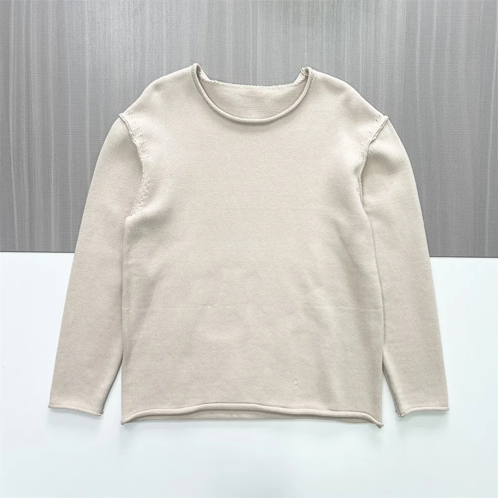 Women's Beige Rib-Knit Crew Neck Sweater (Relaxed Fit)
