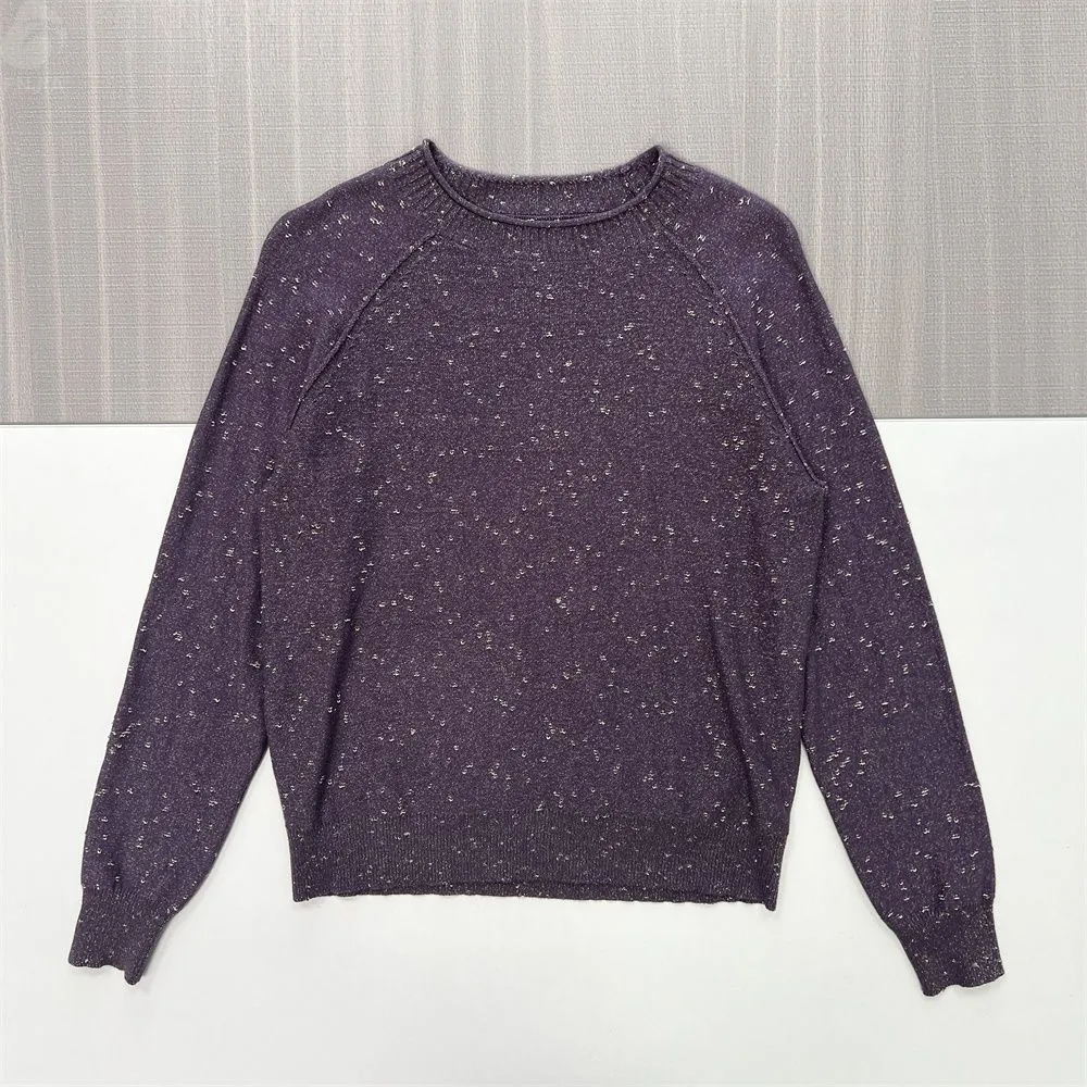Women's Plum Speckled Knit Sweater (Crew Neck, Raglan Sleeve Relaxed Fit)