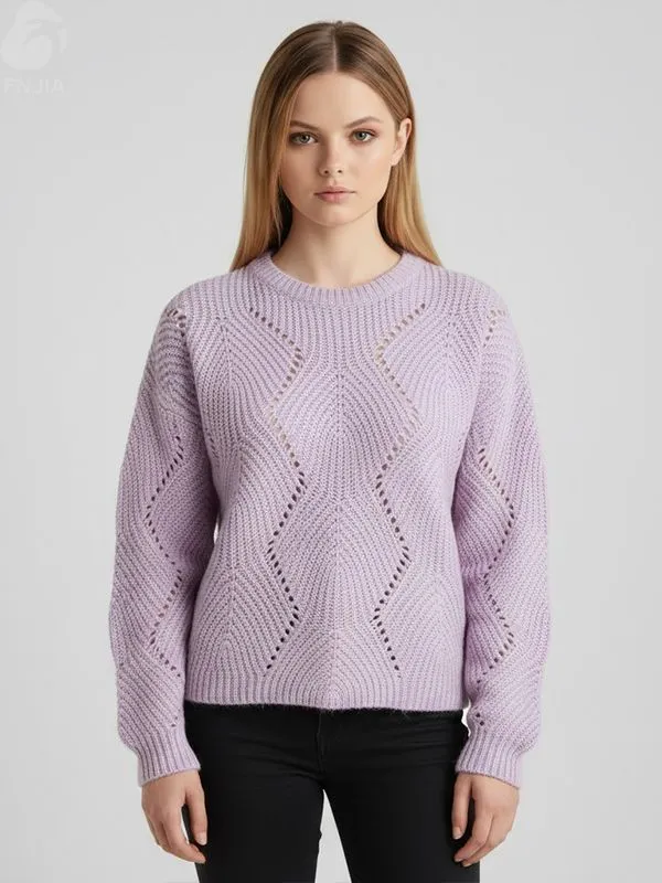 Women's Lavender Openwork Knit Sweater (Crew Neck, Cropped Oversized Fit)
