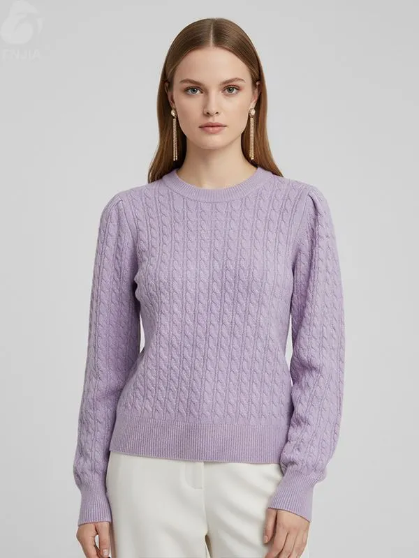 Women's Lavender Cable-Knit Sweater (Puff Sleeves, Cropped Fit)