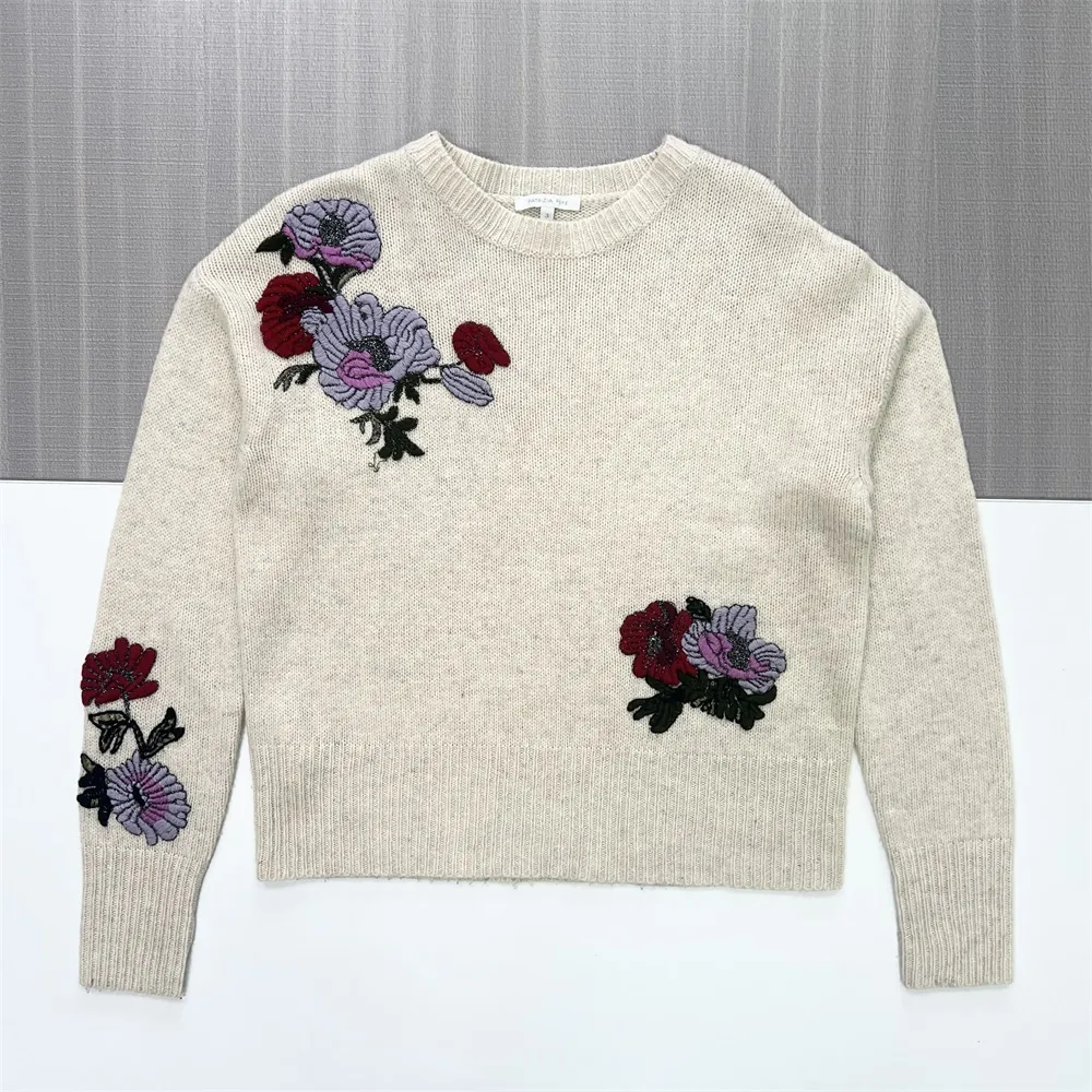 Women's Beige Knit Sweater with Floral Embroidery (Purple & Red Motif)
