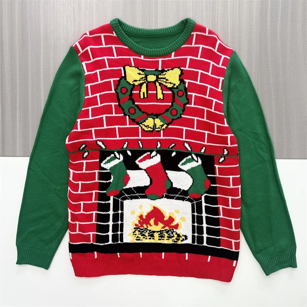 Women's Christmas Fireplace & Stocking Print Knit Sweater (Red & Green)