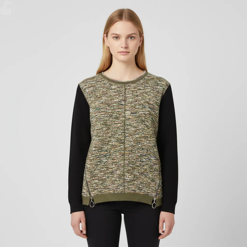 Women's Multi-Tone Tweed Knit Top (Black Sleeve Panel, Zipper Detail)