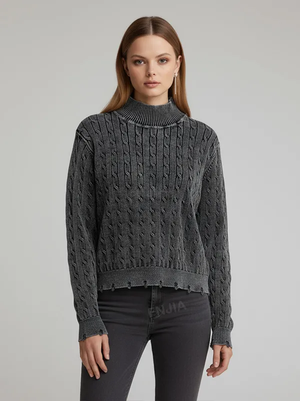 Women's Charcoal Distressed Cable-Knit Turtleneck Cropped Sweater
