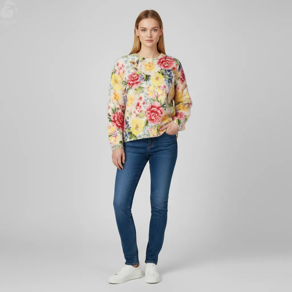 Women's Floral Print Fleece-Knit Long-Sleeve Top (Vibrant Peony Pattern)