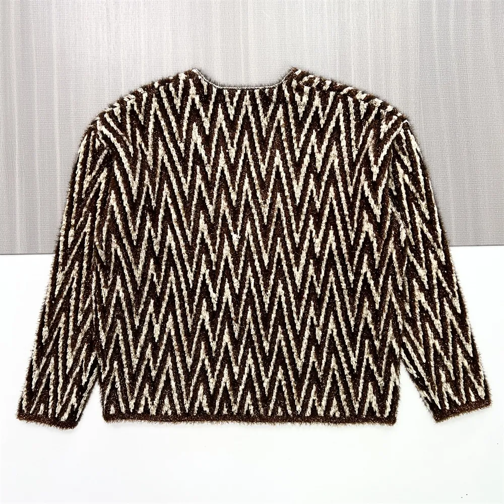 Women's Brown & Cream Chevron Knit Sweater (V-Neck, Fluffy Texture)
