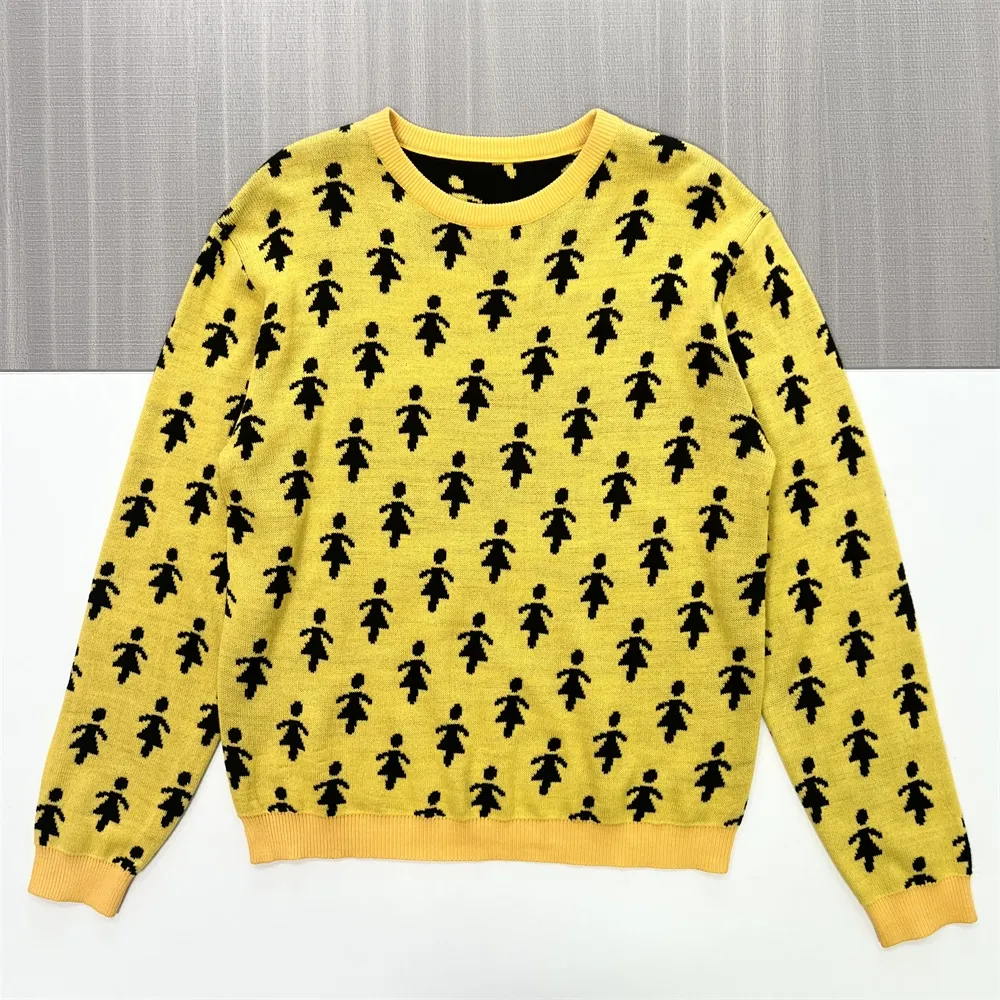 Women's Mustard & Black Figure-Print Knit Sweater (Crew Neck, Oversized Relaxed Fit)