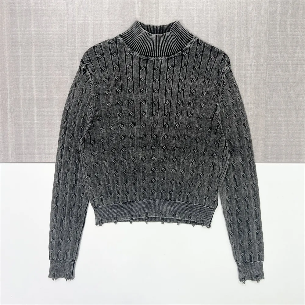 Women's Charcoal Distressed Cable-Knit Turtleneck Cropped Sweater