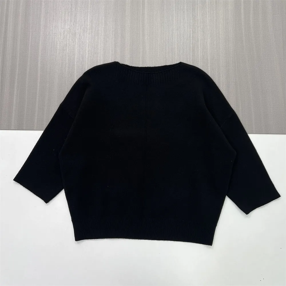 Women's Black Boat Neck Knit Sweater (Oversized Fit, 3/4 Sleeve Design)