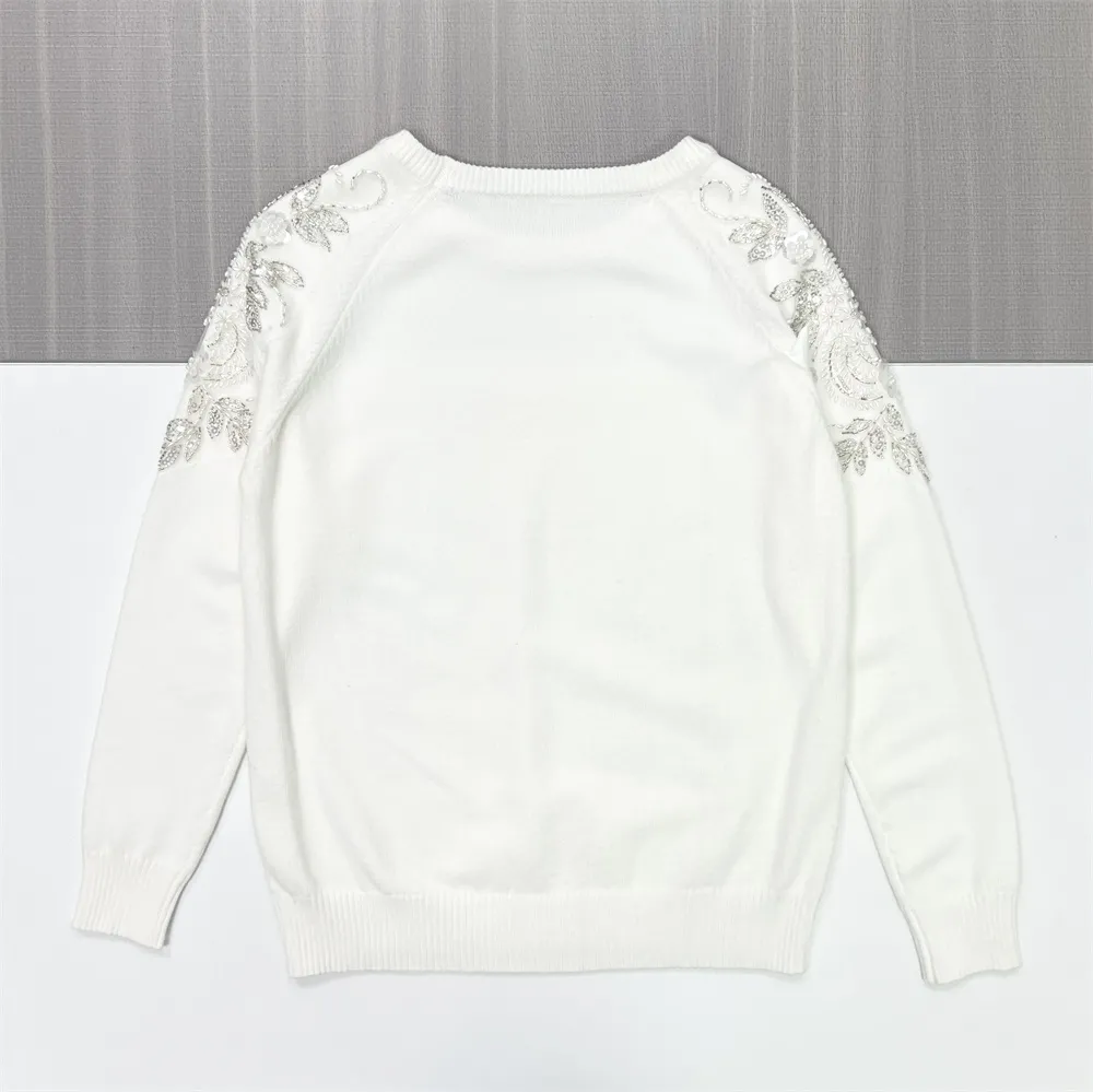 Women's White Knit Sweater with Shimmery Shoulder Embroidery
