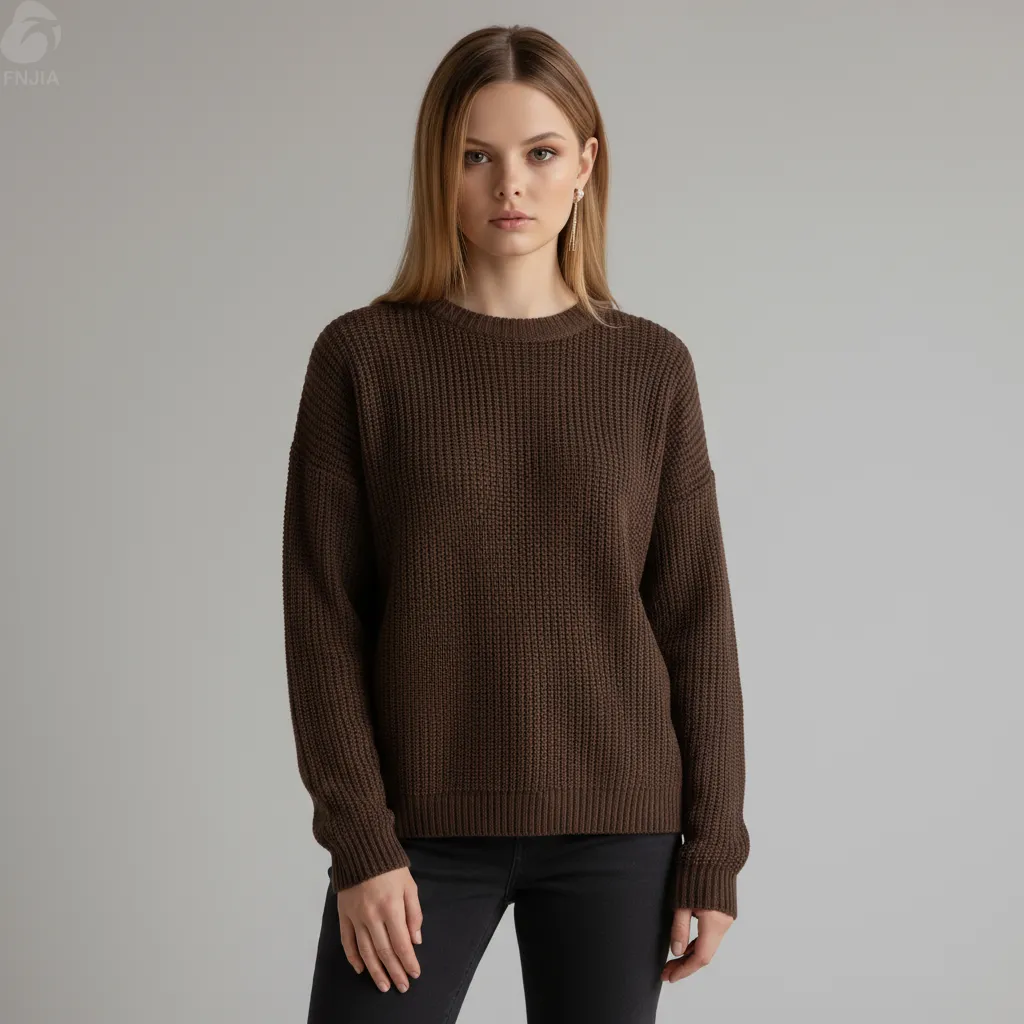 Women's Chocolate Brown Waffle-Knit Sweater (Crew Neck, Oversized Relaxed Fit)