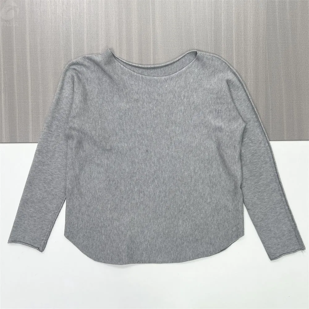Women's Heather Grey Boat Neck Knit Top (Relaxed Fit, Curved Hem)