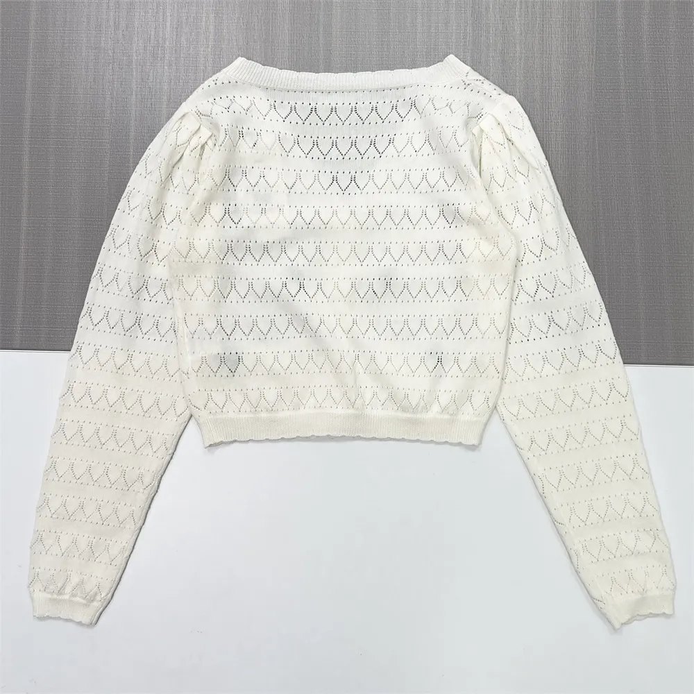 Women's White Openwork Knit Cardigan with Mini Floral Embroidery (Cropped Fit)