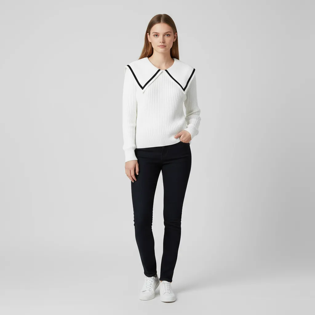 Women's White Sailor Collar Knit Sweater with Black Contrast Trim