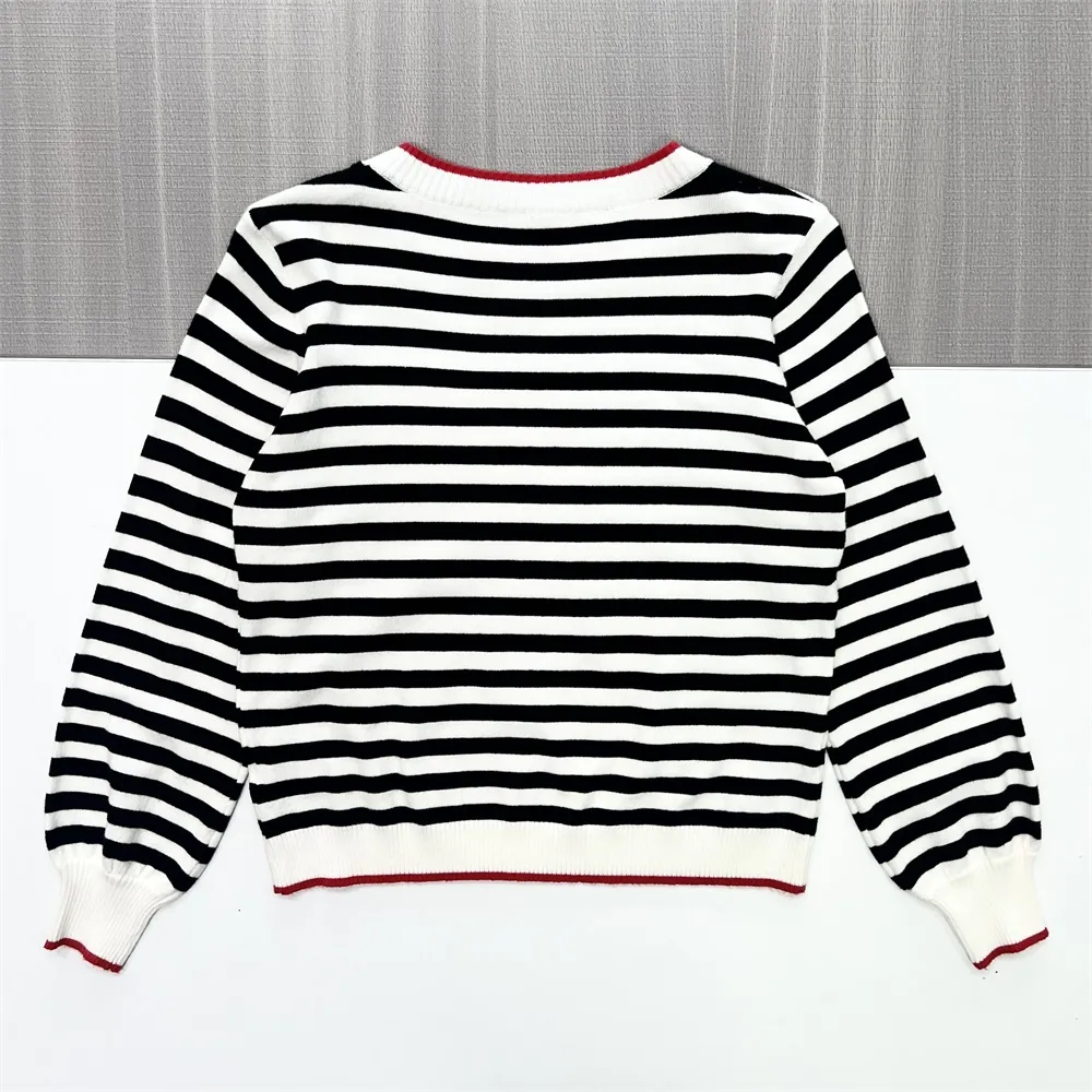 Women's Black & White Striped Knit Sweater (Crew Neck, Contrast Red Trim)